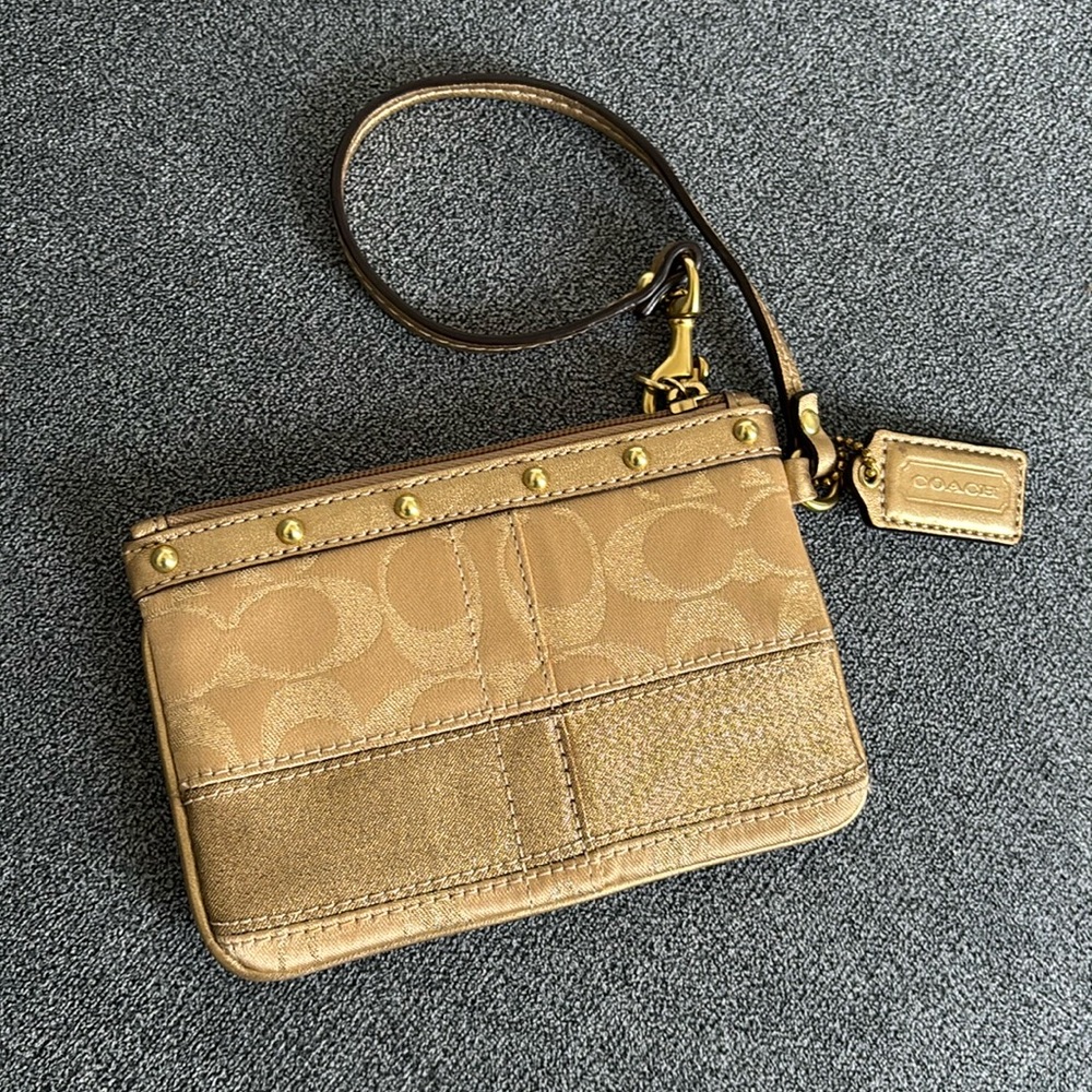 Coach Signature Gold Metallic Wristlet Purse Handbag Clutch